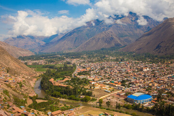 A high angle view of the city of Urubamba, Peru.
