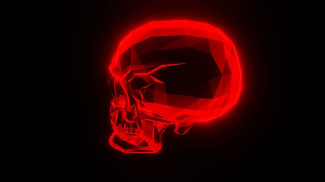 human skull lit up red, cg, camera orbits