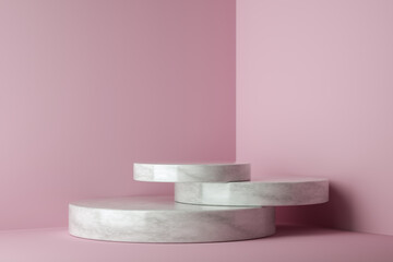 Mockup winner podium, abstract minimalism and realistic marble with pink background, 3d render