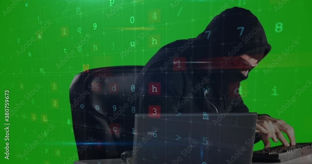 Poster cyber security data processing over male hacker using computer against green screen