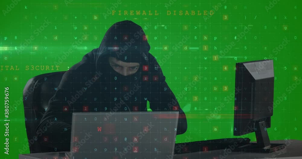 Poster cyber security data processing over male hacker using computer and laptop against green screen