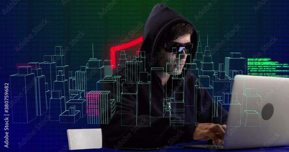 Aufkleber cyber security data processing over 3d city model against male hacker using laptop
