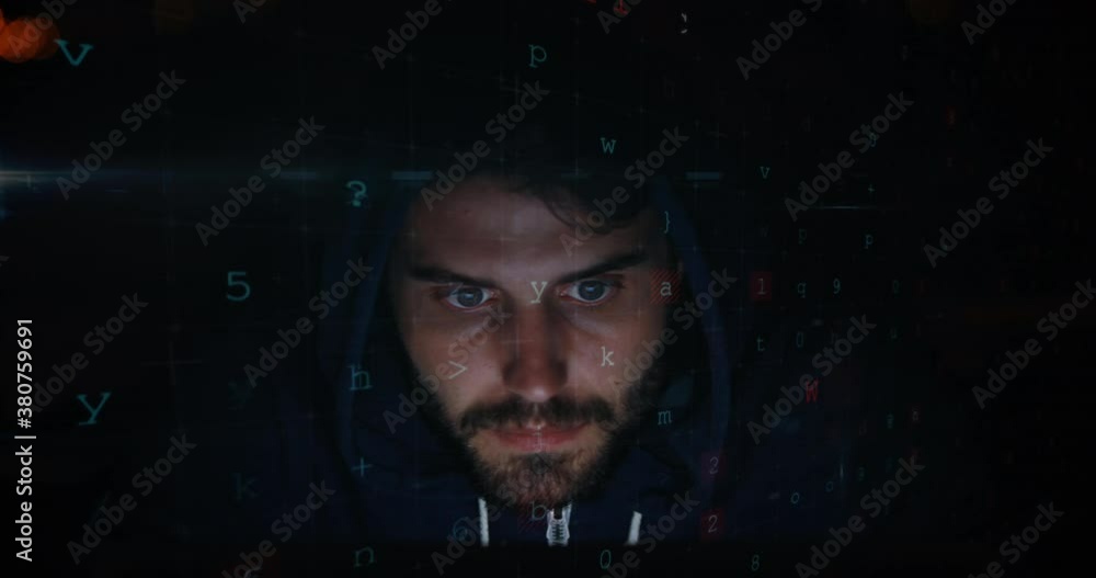 Poster cyber security data processing against male hacker using laptop