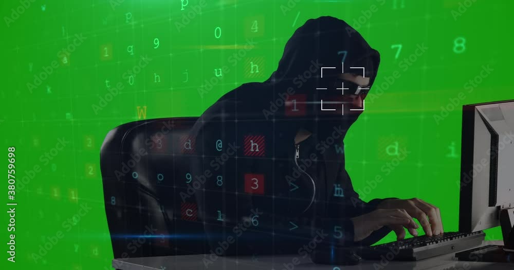 Poster cyber security data processing over male hacker using computer against green screen