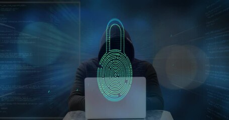 Cyber security data processing against male hacker using laptop - Powered by Adobe