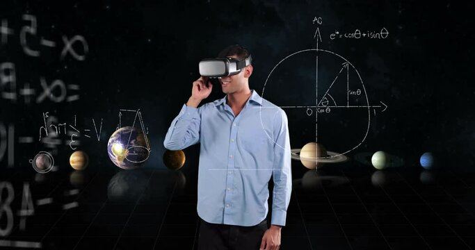 Mathematical equations and solar system floating against man using VR headset