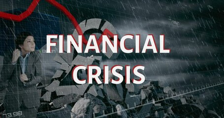 Financial Crisis text and red graph moving over woman with umbrella against broken British pound sym - Powered by Adobe