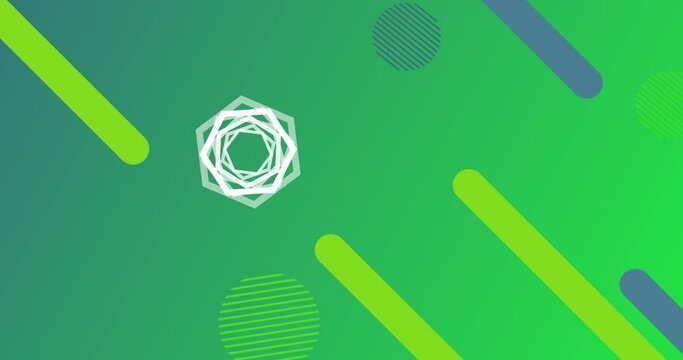 Spinning hexagon over moving geometric shapes and circles  - Powered by Adobe