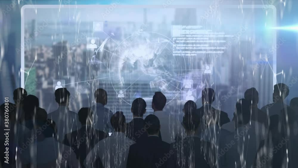 Poster network of connections over group of people watching digital interface data processing