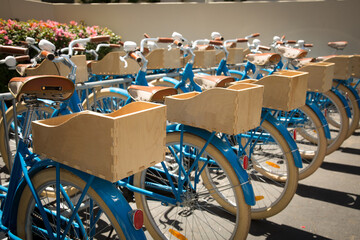 Rows of blue classic bicycles with bells, fenders, and wooden baskets on the back