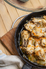 prepared chicken wings at frying pan on a wooden desk. domestic cooking