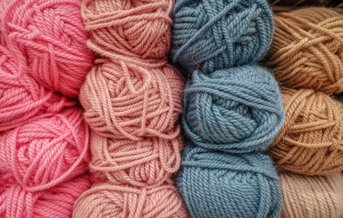 Colorful woolen balls of yarn. Background of colored yarn balls. Needlework. Knitting. Hobbies and leisure. Balls of yarn in pink, blue-grey, salmon and tan colors.