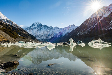 icebergs in a lake with Mt Cook in the background