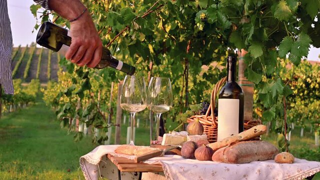 The man pours white wine into glasses. Beautiful people having romantic lunch with lots of tasty food and wine, sitting together on the picnic blanket at the vineyard on a sunny day. 4k footage