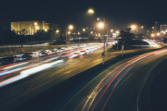 Car lights at night in Beijing, long exposure