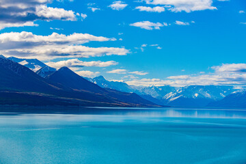 blue sky with a lake and mountains