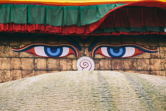 Buddha eyes (Wisdom eyes) on Nepali buddhism temple. Swayambhunath - Monkey temple, Kathmandu, Nepal