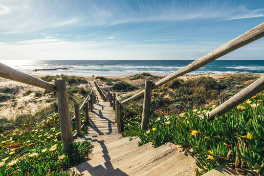 wooden stairs leading to the beach of the atlantic ocean