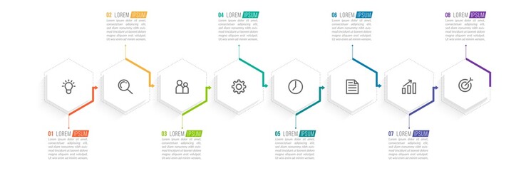 Minimal Business Infographics template. Timeline with 8 steps, options and marketing icons .Vector linear infographic with eight conected elements. Can be use for presentation.