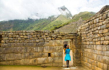 Closeup view of the stone work in Macchu Picchu, Peru.