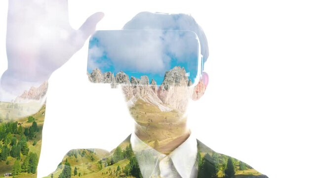 Man wearing VR glasses watch Time Lapse of Dolomites Italy, Pizes de Cir Ridge presented in double exposure effect on bright background . Virtural reality experience concept .