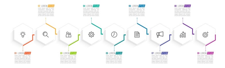 Minimal Business Infographics template. Timeline with 9 steps, options and marketing icons .Vector linear infographic with nine conected elements. Can be use for presentation.