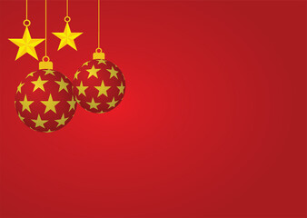 Christmas card with christmas balls and stars on shiny red background and place for your text. Illustration.