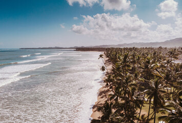 Aerial drone view of the paradise beach at sunset with yellow sand, palm trees, big waves and blue water of Atlantic Ocean, Las Terrenas, Samana, Dominican Republic