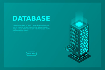 Data center isometric, database and cloud data storage concept, server room, cloud computing, vector illustration.