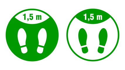 Wait Here or Stand Here and Keep a Safe Distance of 1,5 m or 1,5 Metres Round Floor Marking Sticker with Shoeprints for Queue Line or Other Purposes Requiring Social Distancing. Vector Image.