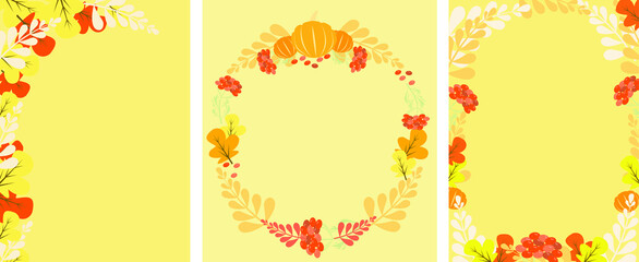 Collection of autumn background set with leaves, flower,. rowan, pumpkins. Vector illustration for invitation,postcard, Thanksgiving day.