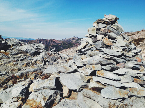 Large pile of rocks marking Pacific Crest Trail