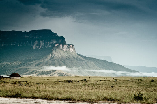 Small isolated house next to Tepuy. Canaima National Park. Venezuela