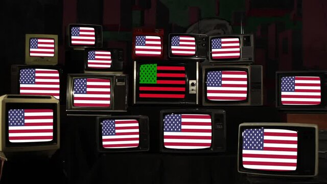 African American Flag and Many US Flags on a Vintage TV Stack Installation.