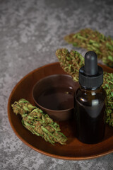 Marijuana medical oil. Cannabis dry buds. Hemp extract oil.	