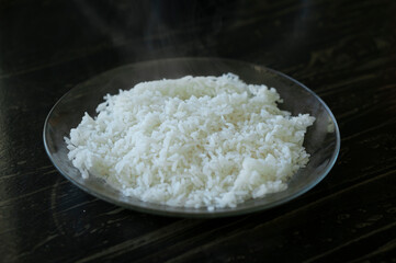 close up on glass dish with white rice