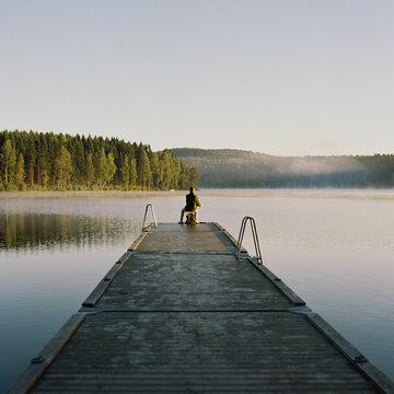 Sunrise at a misty lake in Oslo, Norway (medium-format)