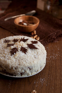 Homemade cake with nuts and coconut cream