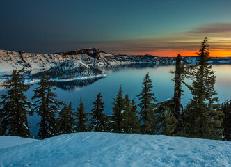 Crater Lake just before sunrise, Crater Lake National Parrk in winter, Oregon., Wizard Island in the background