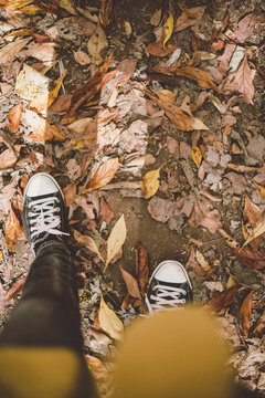 Colorful fall foliage and shoes seen from above