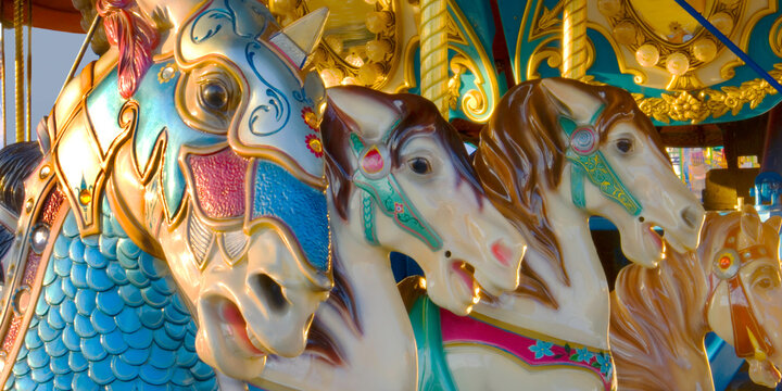 closeup of wooden carousel horses trio racehorses amusement park ride