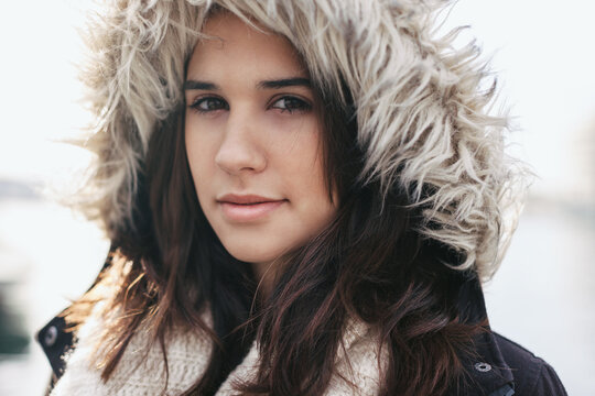 Winter portrait of beautiful young woman.