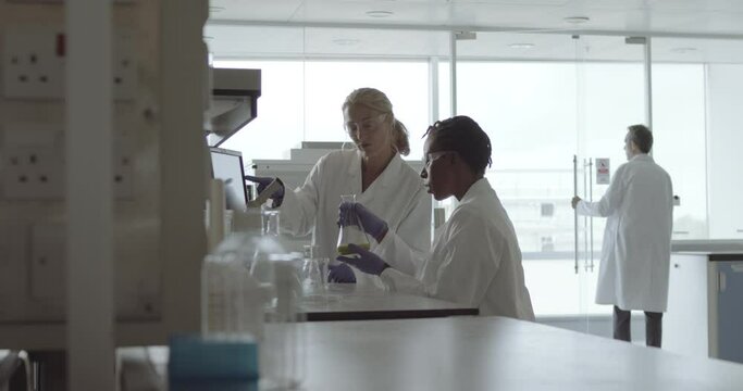 Two Laboratory Scientists in Science lab discussing test results on computer and looking at laboratory flask