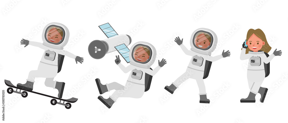 Poster astronaut kid girl character vector design. presentation in various action with emotions.