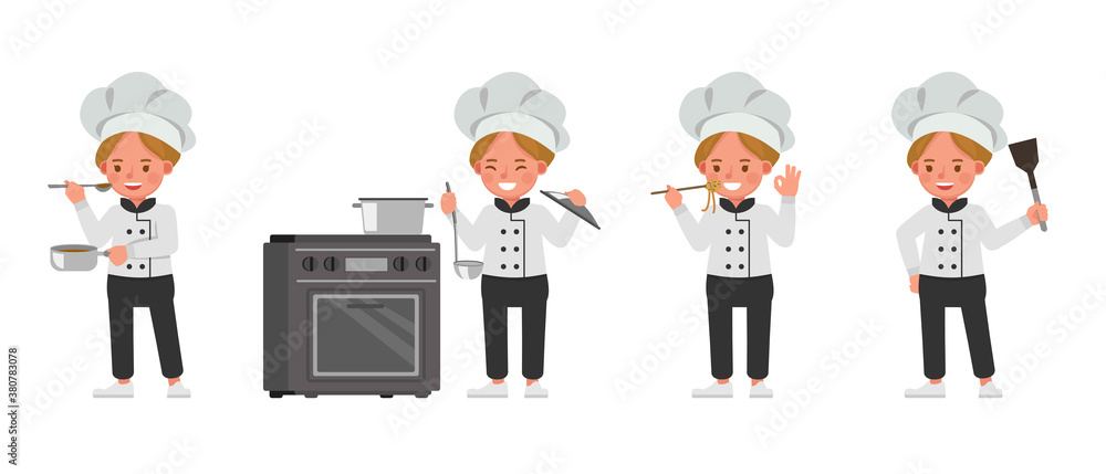 Poster chef girl kid character vector design. presentation in various action with emotions.