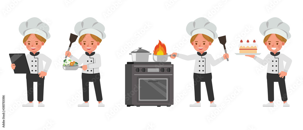 Poster chef girl kid character vector design. presentation in various action with emotions.