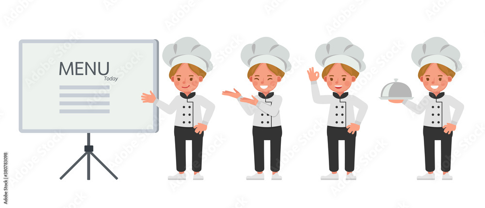 Poster chef girl kid character vector design. presentation in various action with emotions.