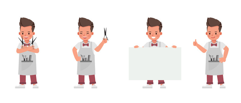 Barber kid character vector design. Presentation in various action with emotions.
