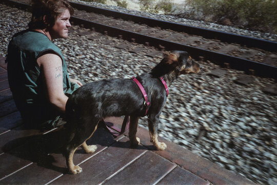 Train Hopper and Dog Riding in a Boxcar
