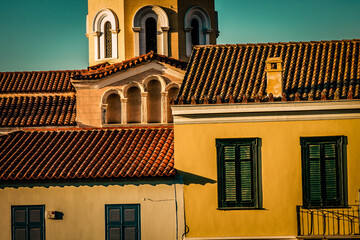 View of the facade of an old house in Greece
